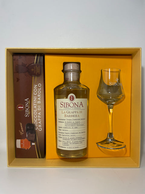 BOX CON GRAPPA SIBONA, CIOCCOLATO E BICCHIERE